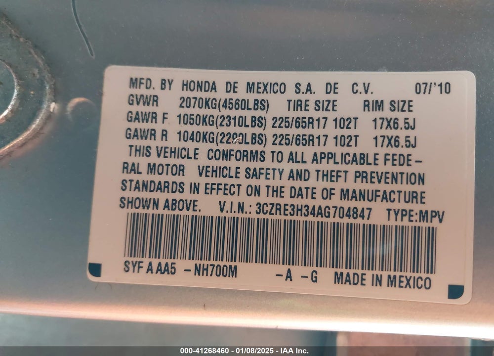 2010 HONDA CR-V LX VIN: 3CZRE3H34AG704847