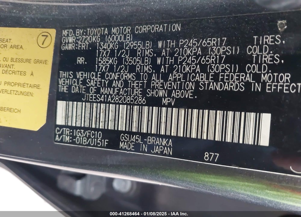 2008 TOYOTA HIGHLANDER VIN: JTEES41A282085286