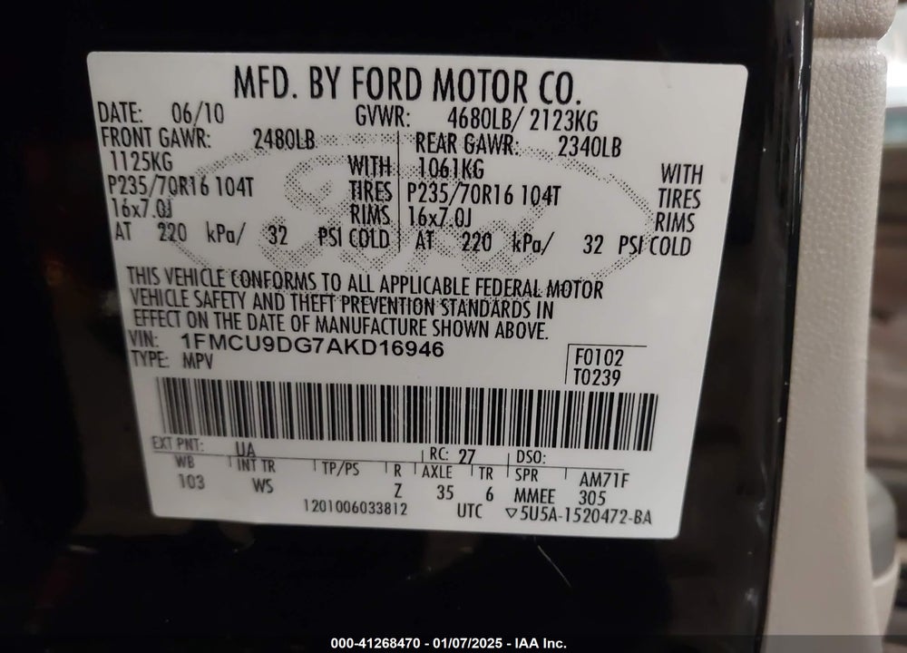 2010 FORD ESCAPE XLT VIN: 1FMCU9DG7AKD16946