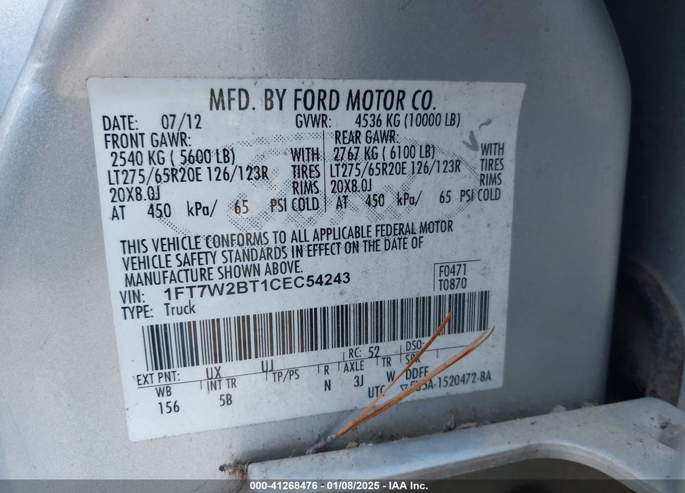 2012 FORD F-250 LARIAT VIN: 1FT7W2BT1CEC54243