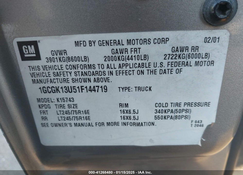 2001 CHEVROLET SILVERADO 1500HD LT VIN: 1GCGK13U51F144719