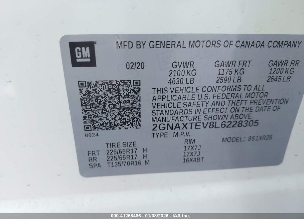 2020 CHEVROLET EQUINOX AWD 2FL VIN: 2GNAXTEV8L6228305