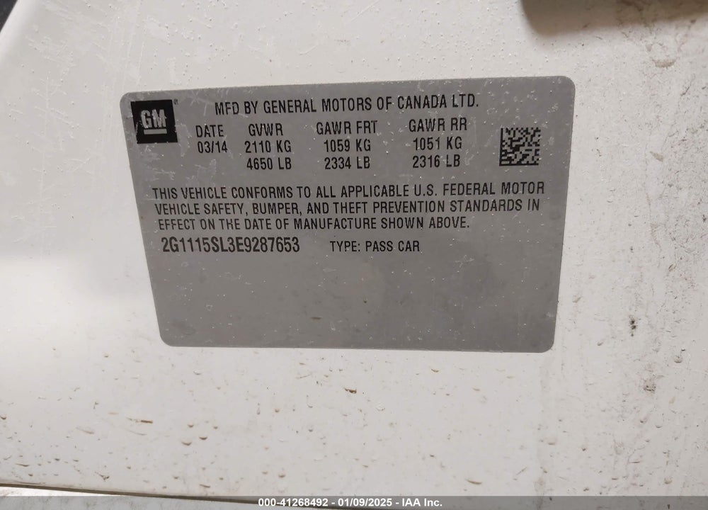 2014 CHEVROLET IMPALA VIN: 2G1115SL3E9287653