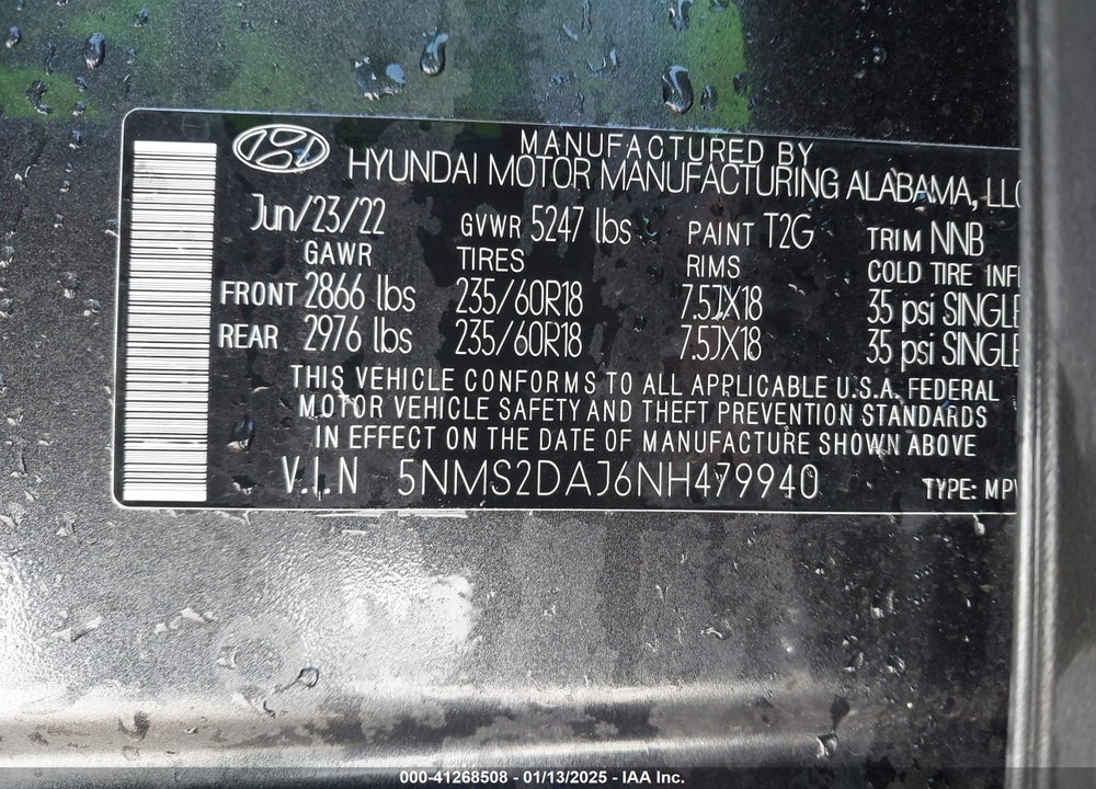 2022 HYUNDAI SANTA FE VIN: 5NMS2DAJ6NH479940