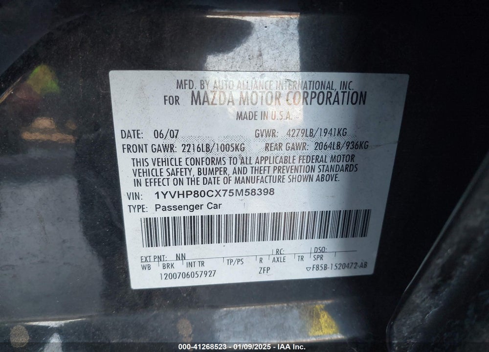 2007 MAZDA 6 I TOURING VIN: 1YVHP80CX75M58398