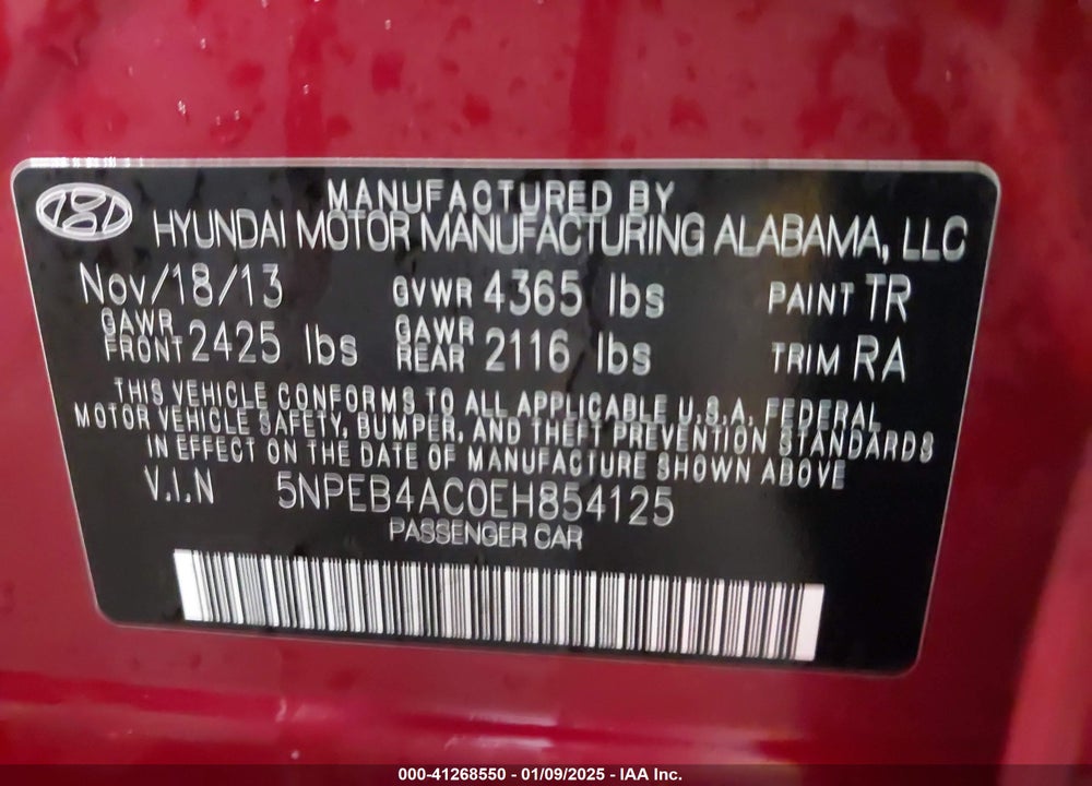 2014 HYUNDAI SONATA GLS VIN: 5NPEB4AC0EH854125