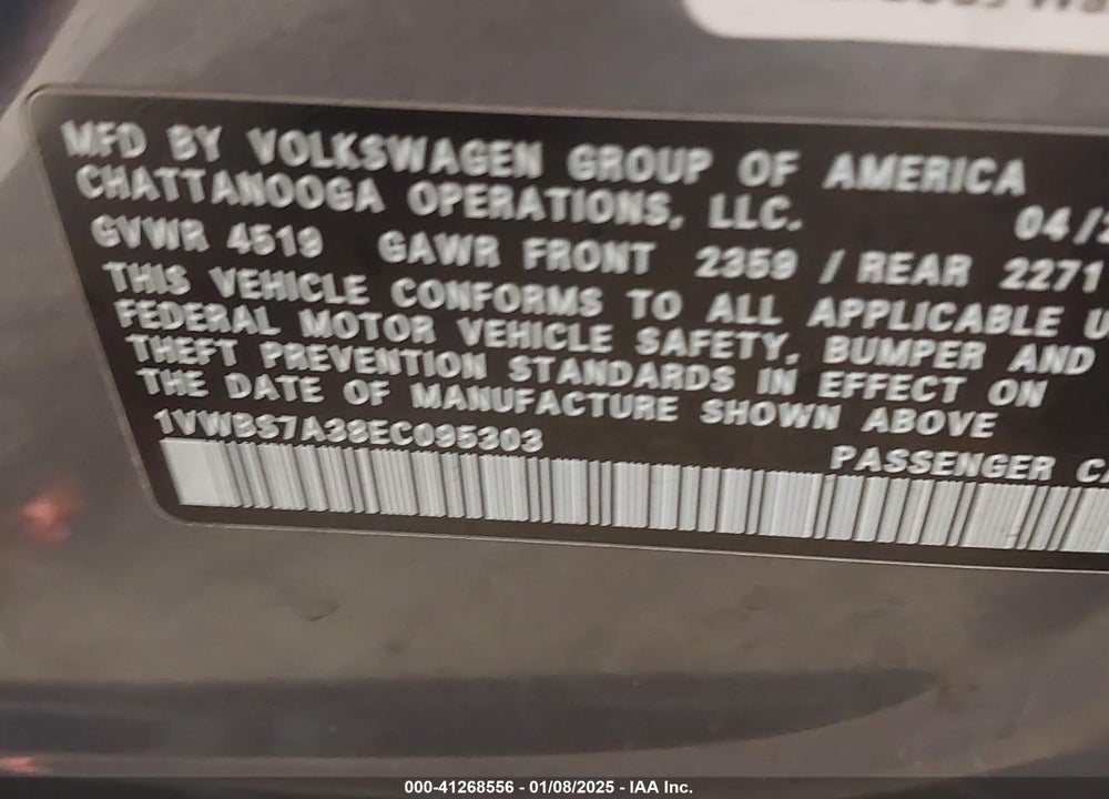 2014 VOLKSWAGEN PASSAT 1.8T SE VIN: 1VWBS7A38EC095303