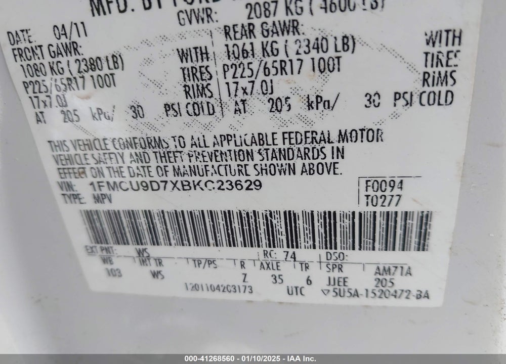 2011 FORD ESCAPE XLT VIN: 1FMCU9D7XBKC23629