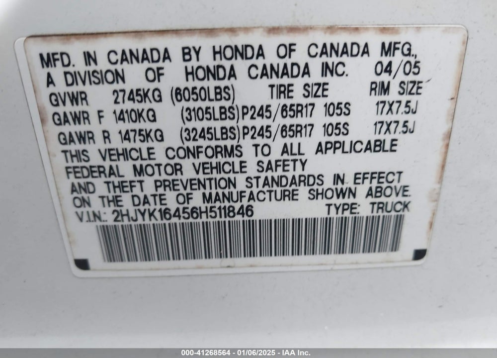 2006 HONDA RIDGELINE VIN: 2HJYK16456H511846