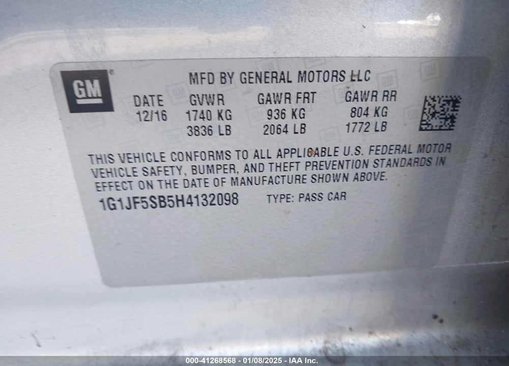 2017 CHEVROLET SONIC VIN: 1G1JF5SB5H4132098