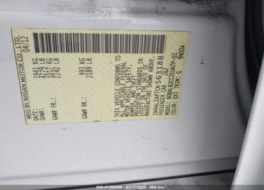 2012 NISSAN ALTIMA 2.5 S VIN: 1N4AL2AP7CN563188