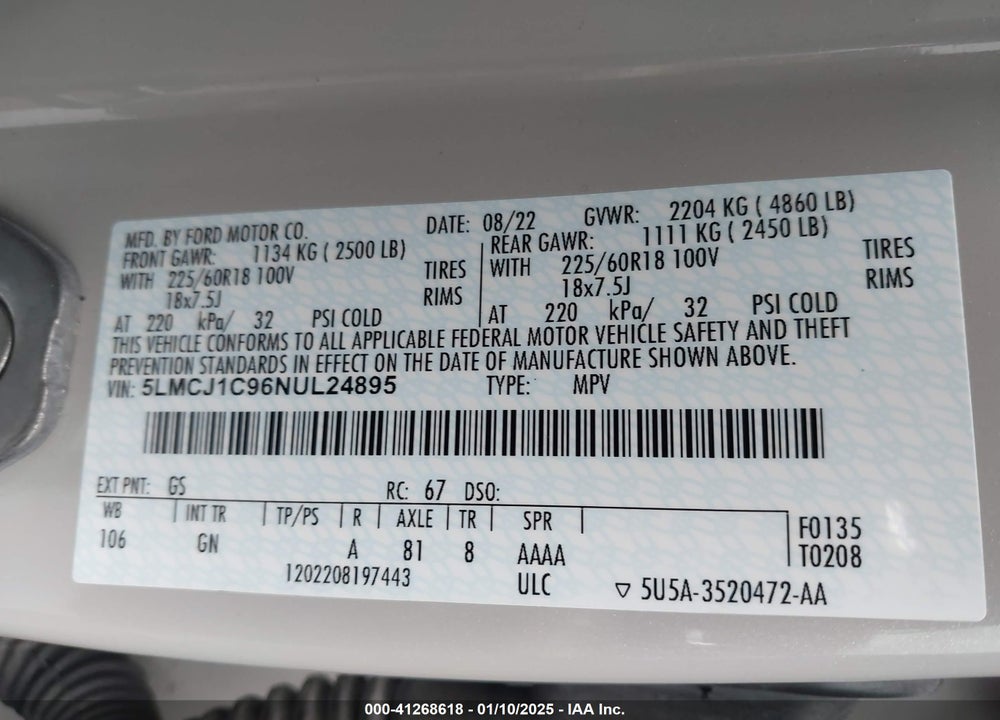 2022 LINCOLN CORSAIR VIN: 5LMCJ1C96NUL24895