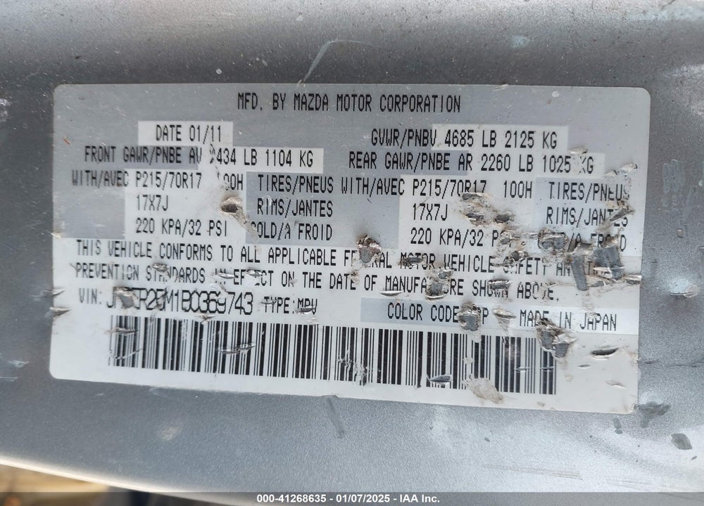2011 MAZDA CX-7 I SPORT VIN: JM3ER2BM1B0369743