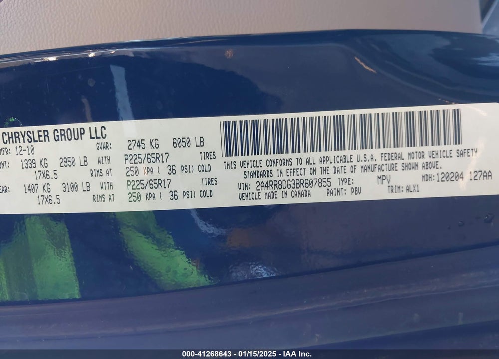 2011 CHRYSLER TOWN & COUNTRY TOURING-L VIN: 2A4RR8DG3BR607855