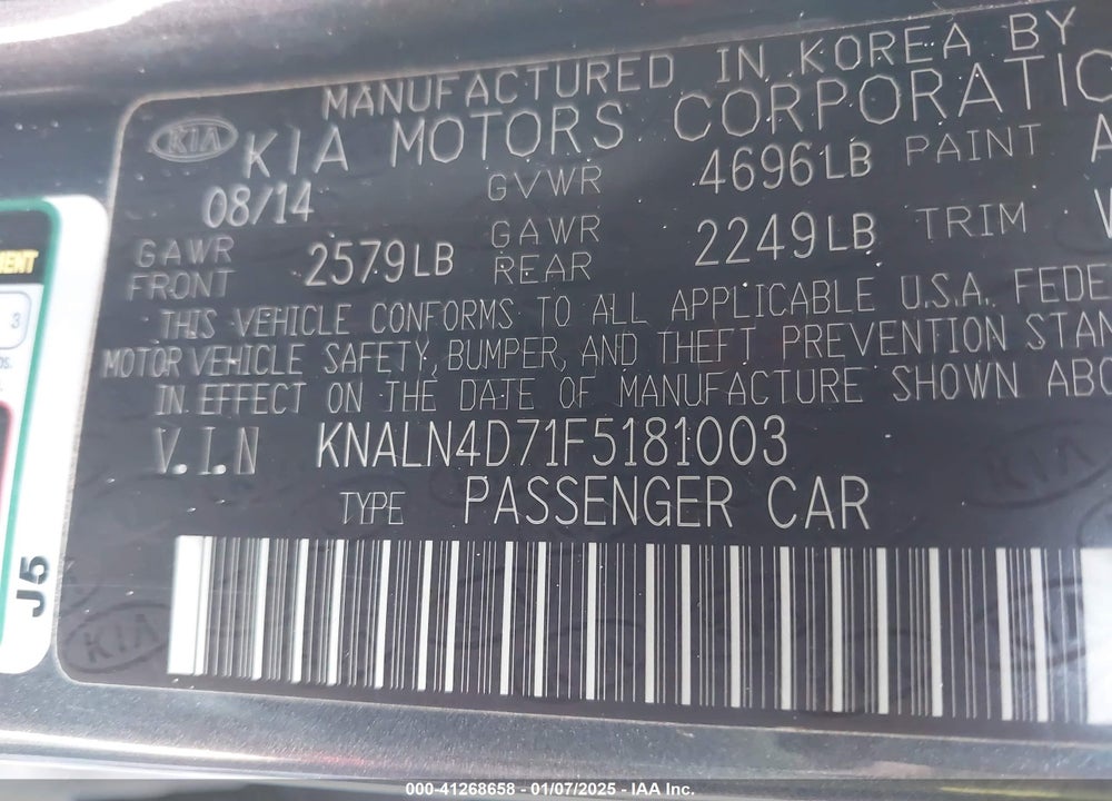 2015 KIA CADENZA PREMIUM VIN: KNALN4D71F5181003