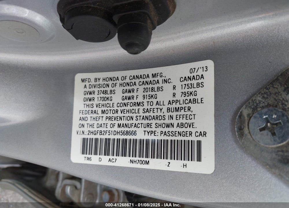 2013 HONDA CIVIC VIN: 2HGFB2F51DH568666