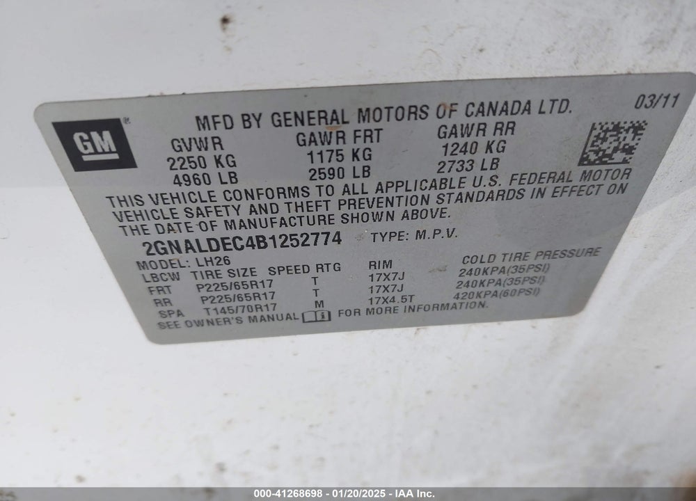 2011 CHEVROLET EQUINOX 1LT VIN: 2GNALDEC4B1252774