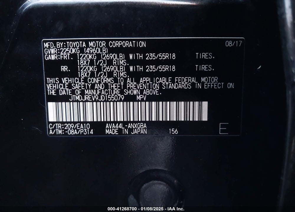 2018 TOYOTA RAV4 HYBRID LIMITED VIN: JTMDJREV9JD155079