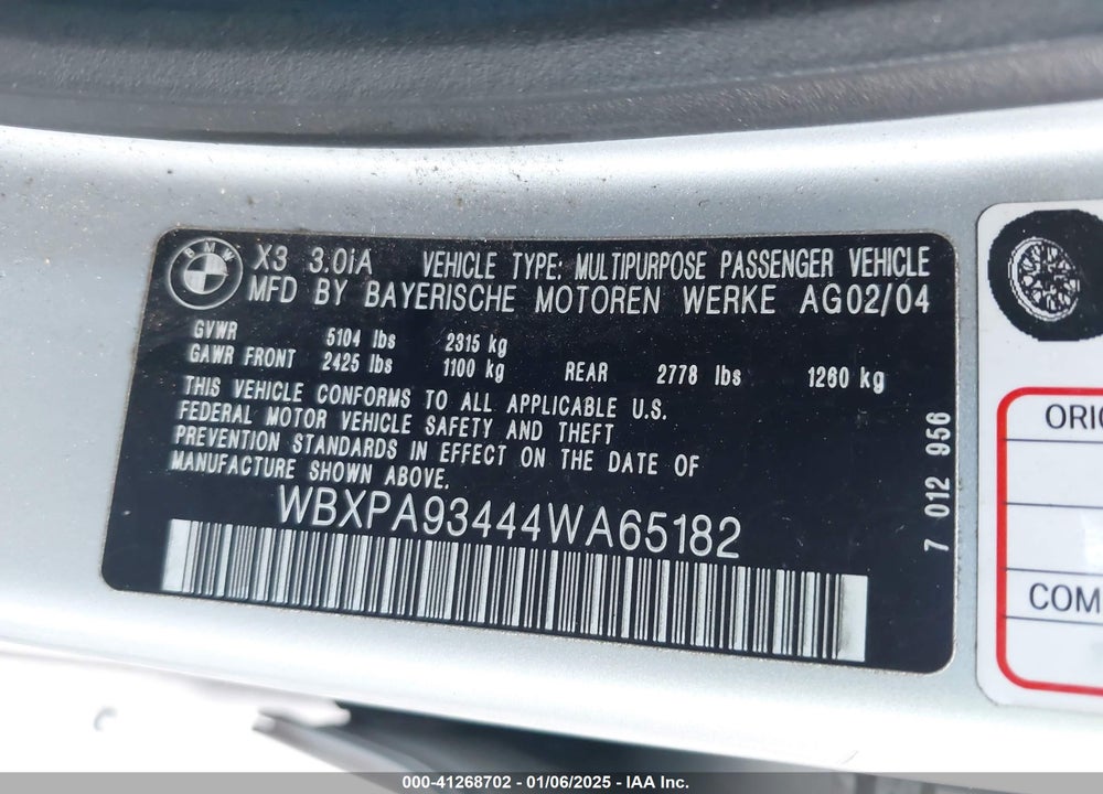 2004 BMW X3 3.0I VIN: WBXPA93444WA65182