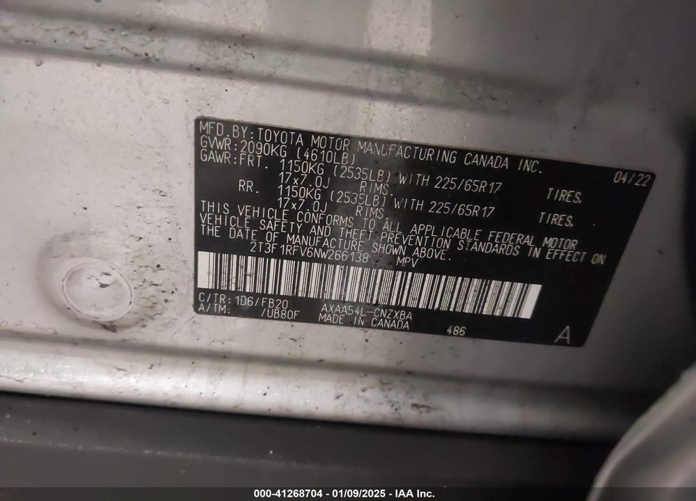 2022 TOYOTA RAV4 LE VIN: 2T3F1RFV6NW266138