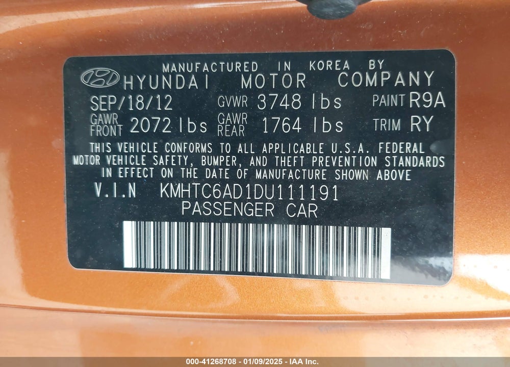 2013 HYUNDAI VELOSTER VIN: KMHTC6AD1DU111191