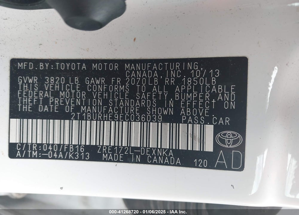 2014 TOYOTA COROLLA VIN: 2T1BURHE9EC036039