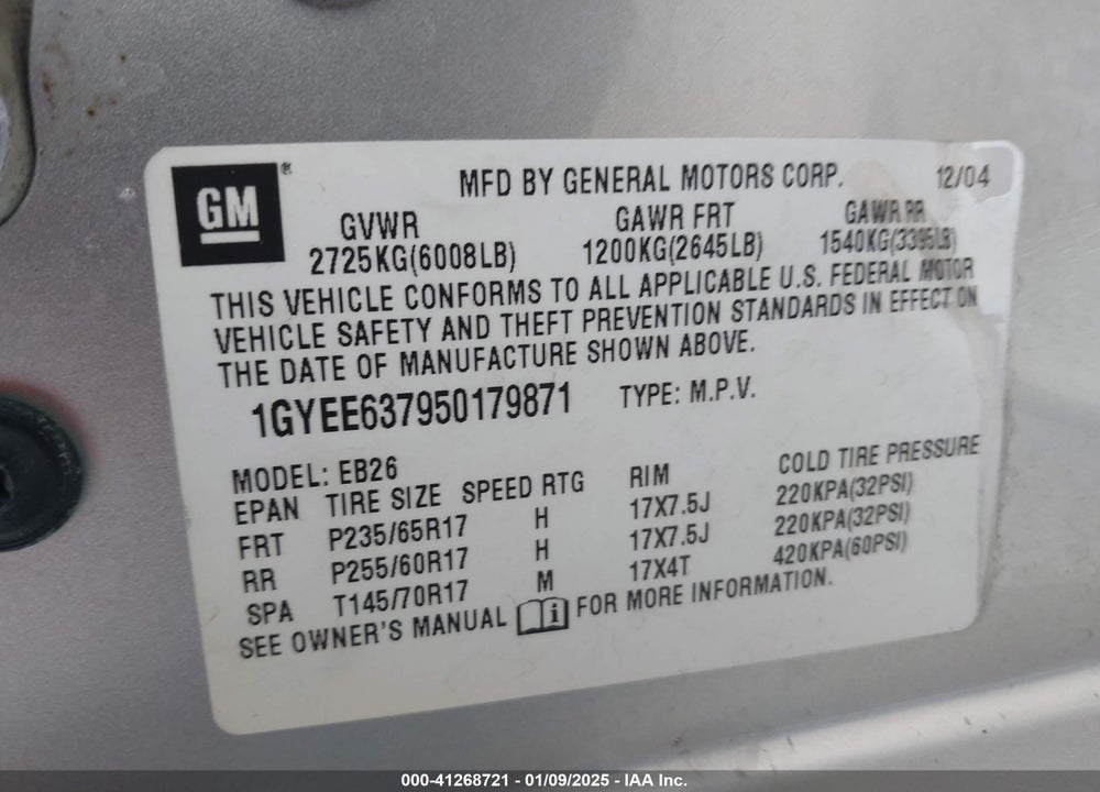 2005 CADILLAC SRX V6 VIN: 1GYEE637950179871