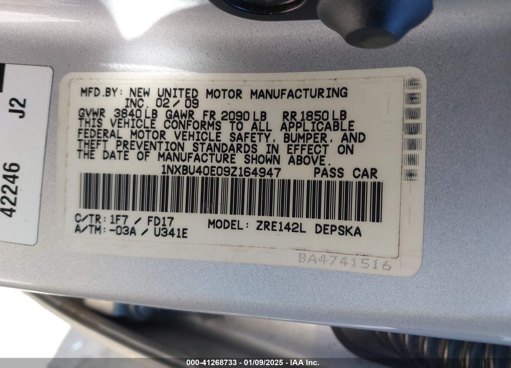 2009 TOYOTA COROLLA VIN: 1NXBU40E09Z164947