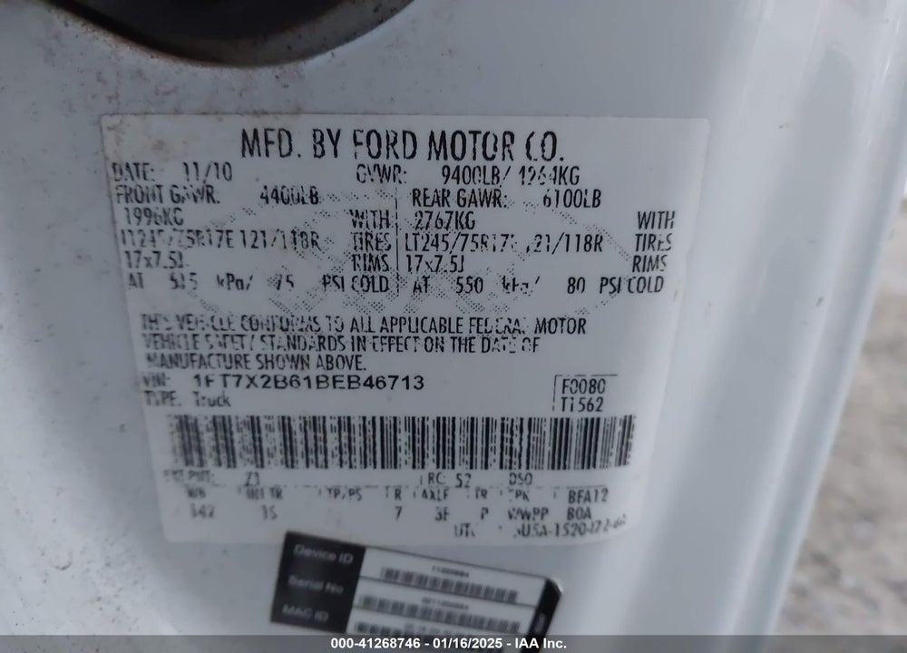 2011 FORD F-250 XL VIN: 1FT7X2B61BEB46713