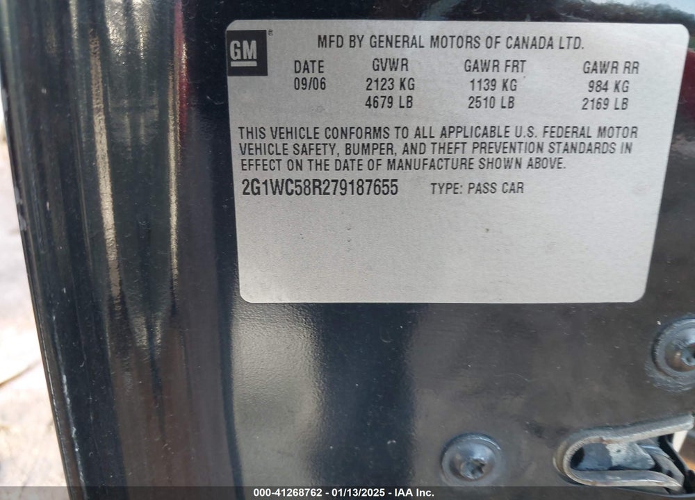 2007 CHEVROLET IMPALA LT VIN: 2G1WC58R279187655
