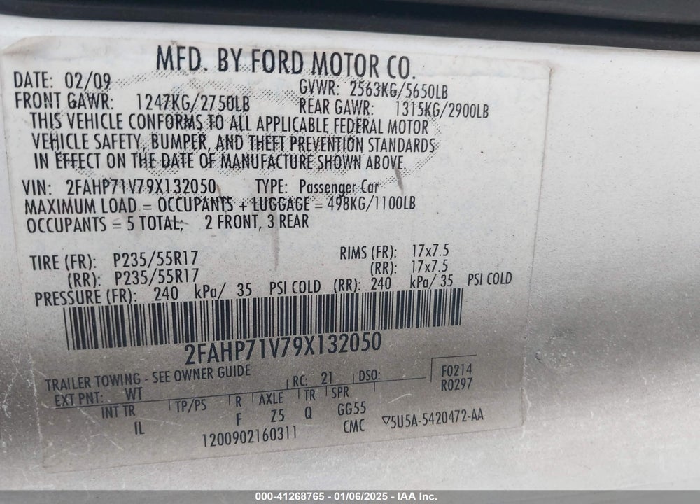 2009 FORD CROWN VICTORIA VIN: 2FAHP71V79X132050