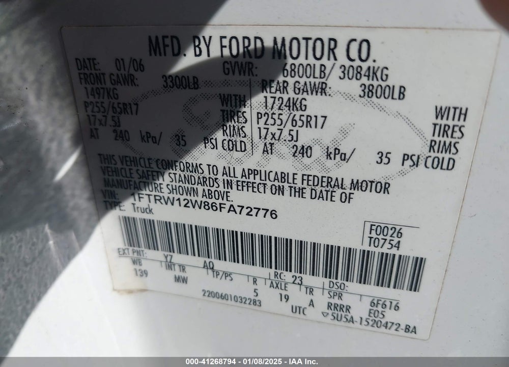 2006 FORD F-150 XLT VIN: 1FTRW12W86FA72776