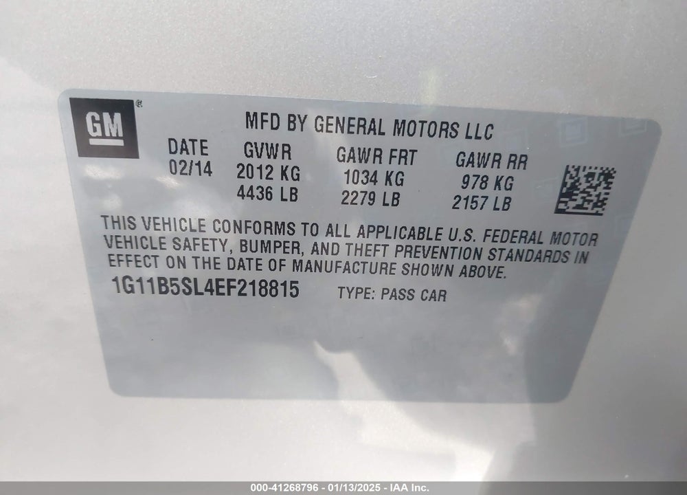 2014 CHEVROLET MALIBU VIN: 1G11B5SL4EF218815
