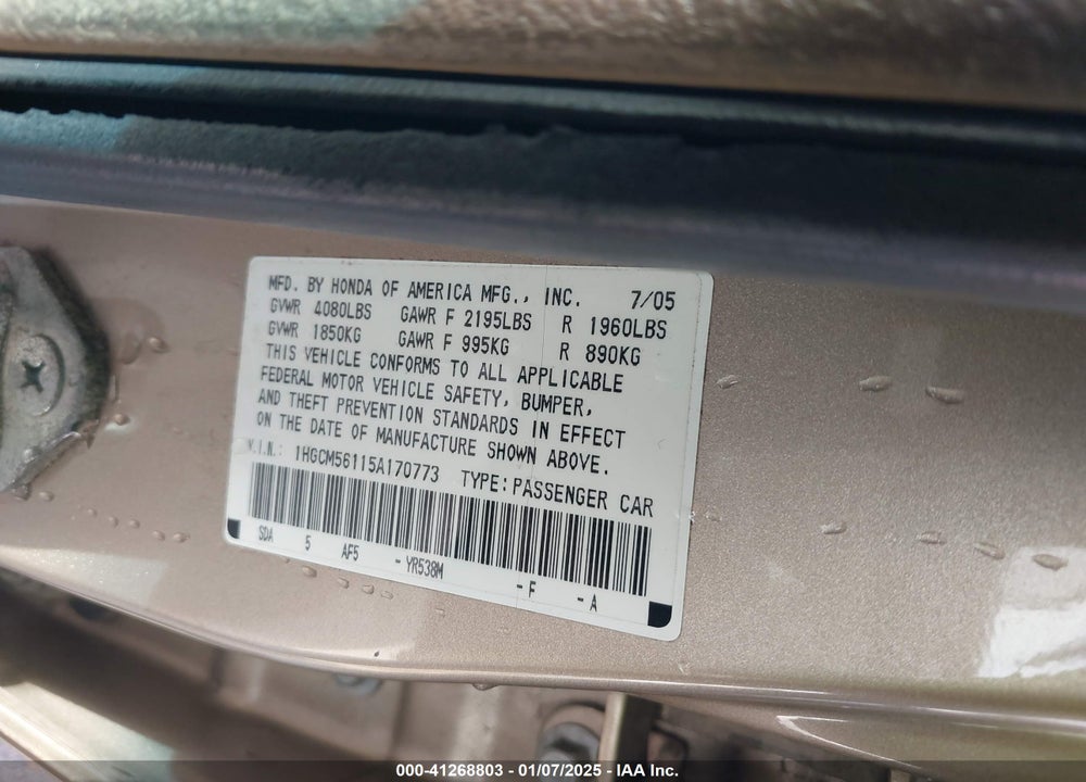 2005 HONDA ACCORD 2.4 DX VIN: 1HGCM56115A170773