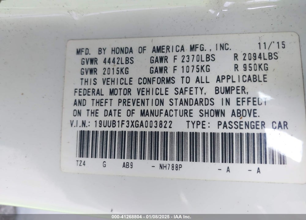 2016 ACURA TLX VIN: 19UUB1F3XGA003822
