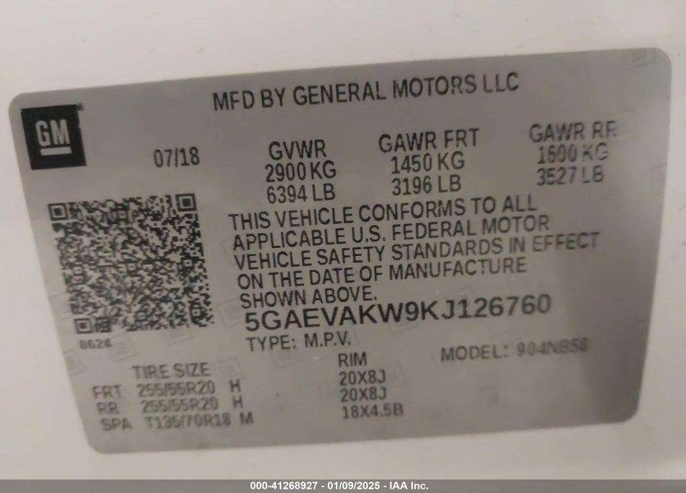 2019 BUICK ENCLAVE AWD ESSENCE VIN: 5GAEVAKW9KJ126760