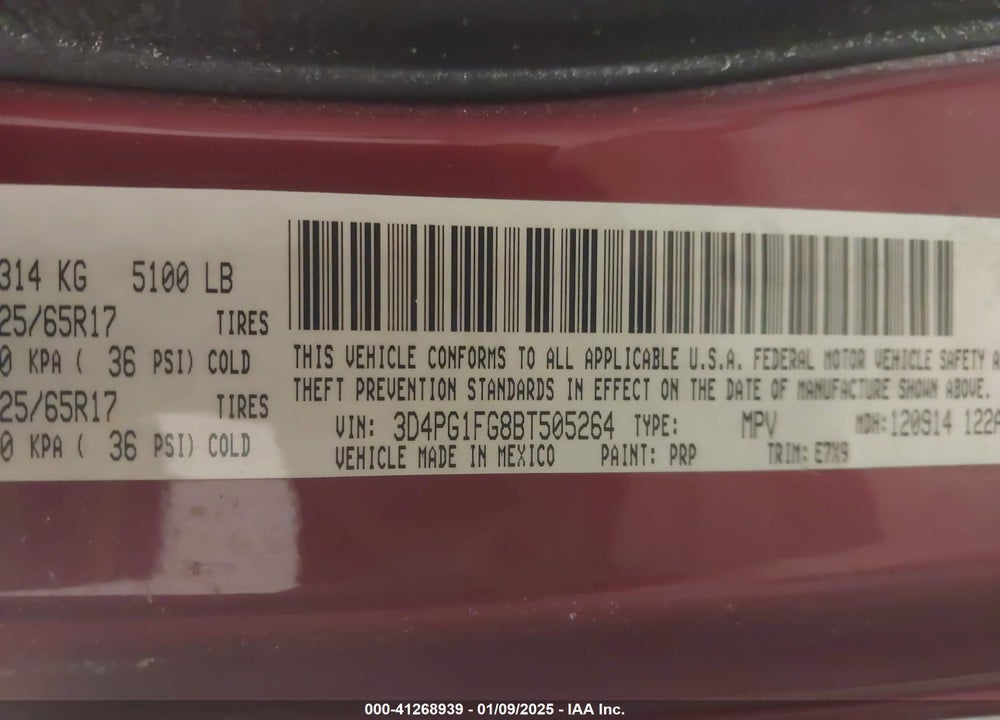 2011 DODGE JOURNEY MAINSTREET VIN: 3D4PG1FG8BT505264
