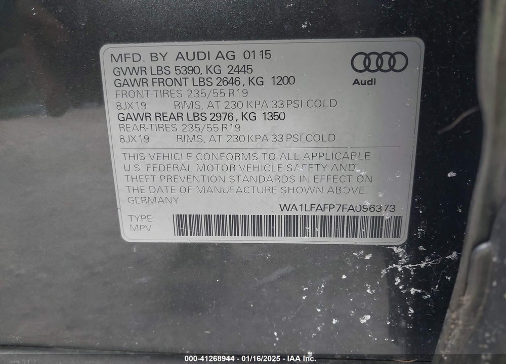 2015 AUDI Q5 2.0T PREMIUM VIN: WA1LFAFP7FA096373