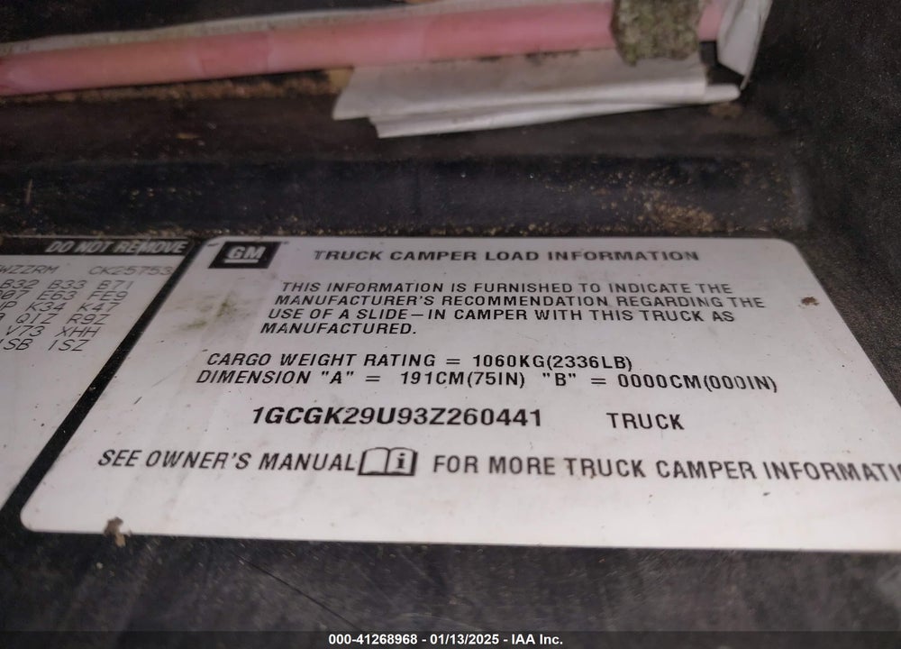 2003 CHEVROLET SILVERADO 2500 LS VIN: 1GCGK29U93Z260441