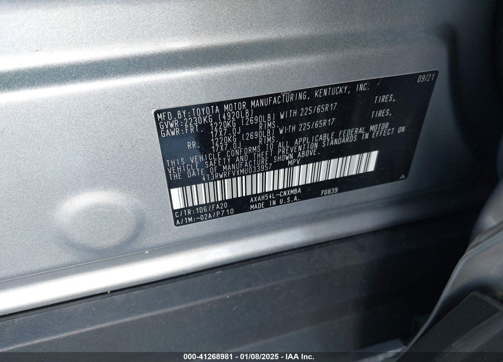 2021 TOYOTA RAV4 HYBRID XLE VIN: 4T3RWRFVXMU033957