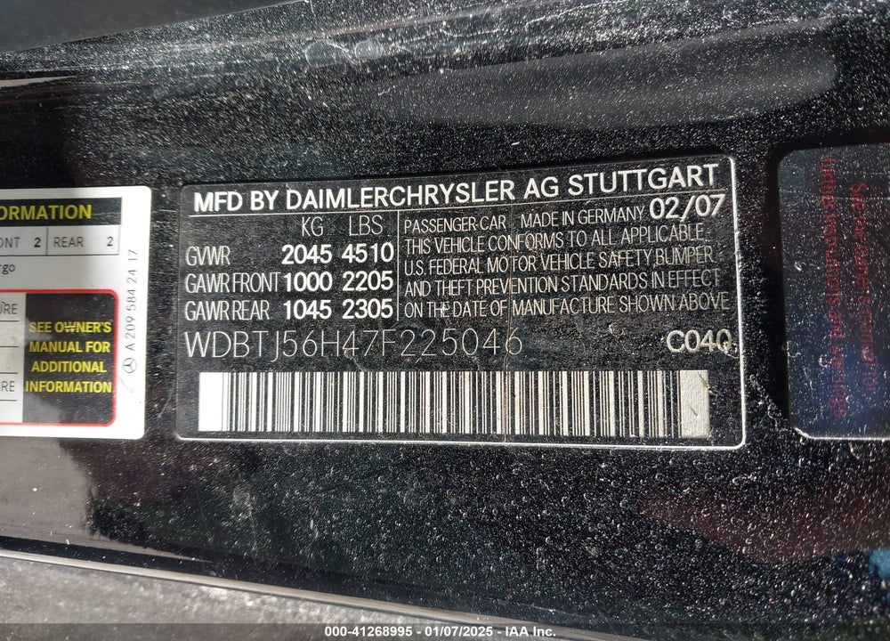 2007 MERCEDES-BENZ CLK 350 VIN: WDBTJ56H47F225046