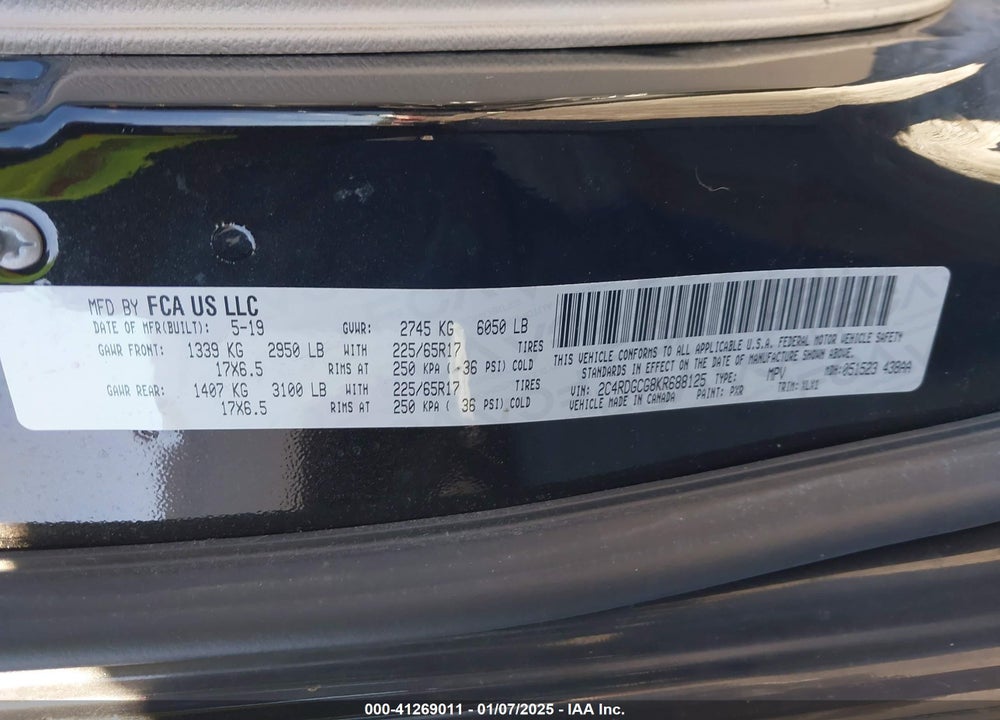 2019 DODGE GRAND CARAVAN SXT VIN: 2C4RDGCG8KR688125
