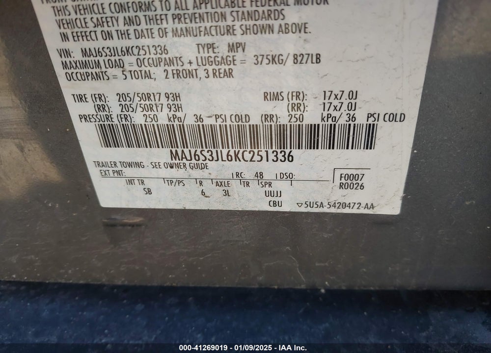 2019 FORD ECOSPORT SES VIN: MAJ6S3JL6KC251336