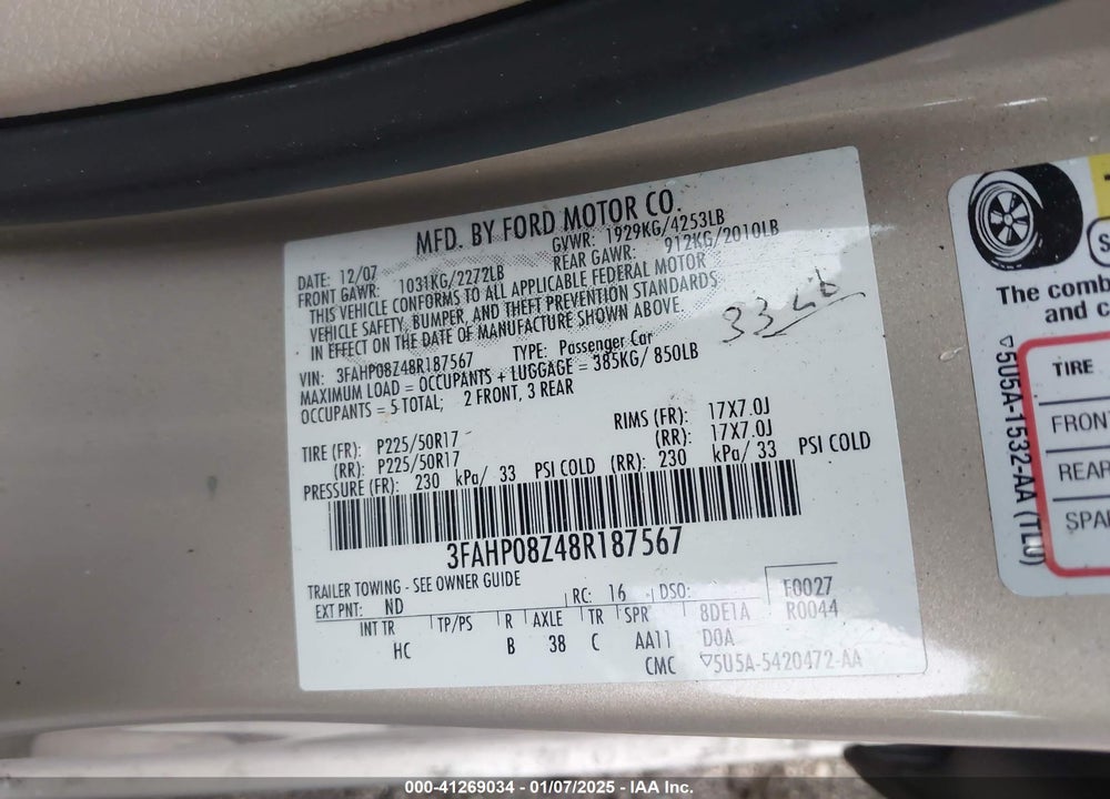 2008 FORD FUSION VIN: 3FAHP08Z48R187567