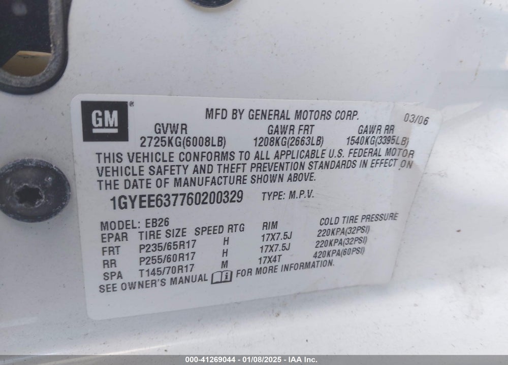 2006 CADILLAC SRX VIN: 1GYEE637760200329