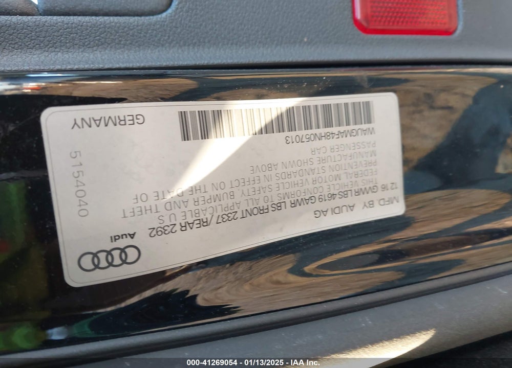 2017 AUDI A4 2.0T ULTRA PREMIUM VIN: WAUGMAF48HN057013