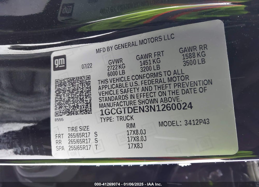 2022 CHEVROLET COLORADO VIN: 1GCGTDEN3N1260024