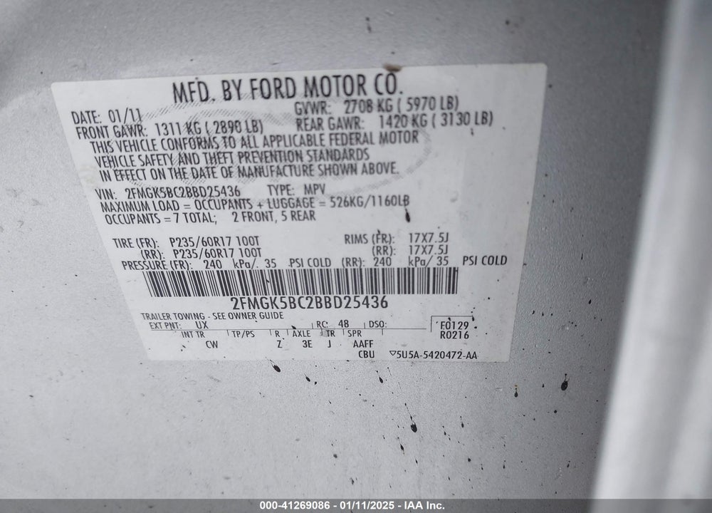 2011 FORD FLEX SE VIN: 2FMGK5BC2BBD25436