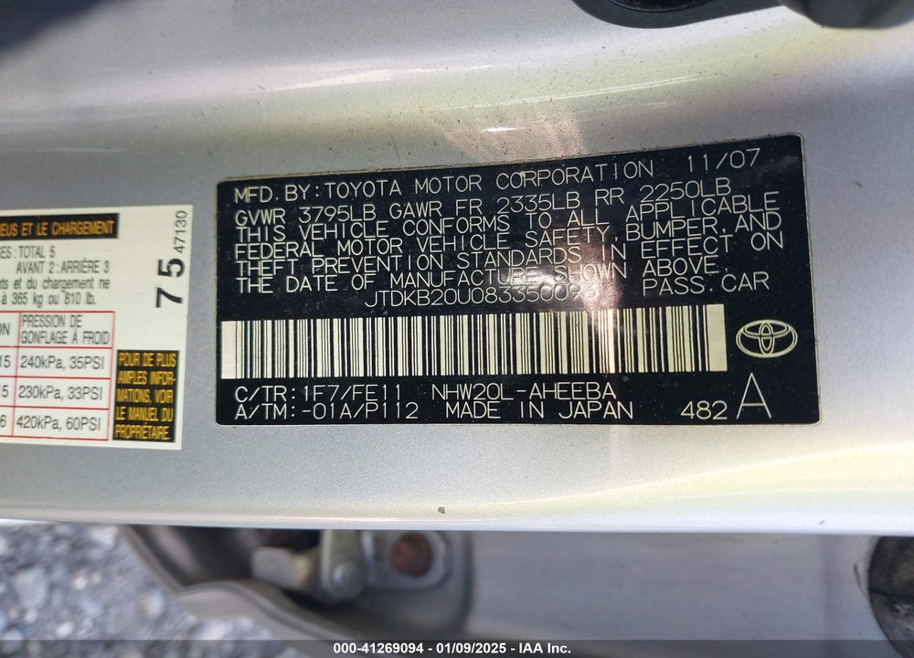 2008 TOYOTA PRIUS VIN: JTDKB20U083350093
