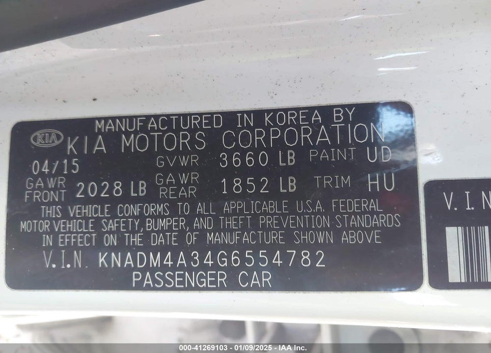 2016 KIA RIO VIN: KNADM4A34G6554782